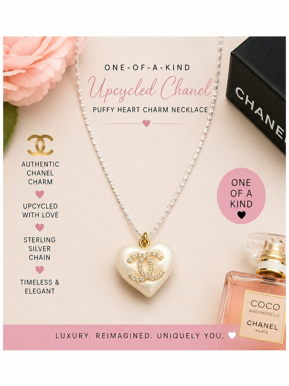 Chanel Upcycled Puffy Heart Charm Necklace in Cream with Sterling Silver Chain